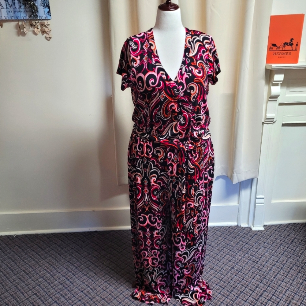 Chico's Pink & Black Swirl Wide-Leg Jumpsuit with Orange Accents